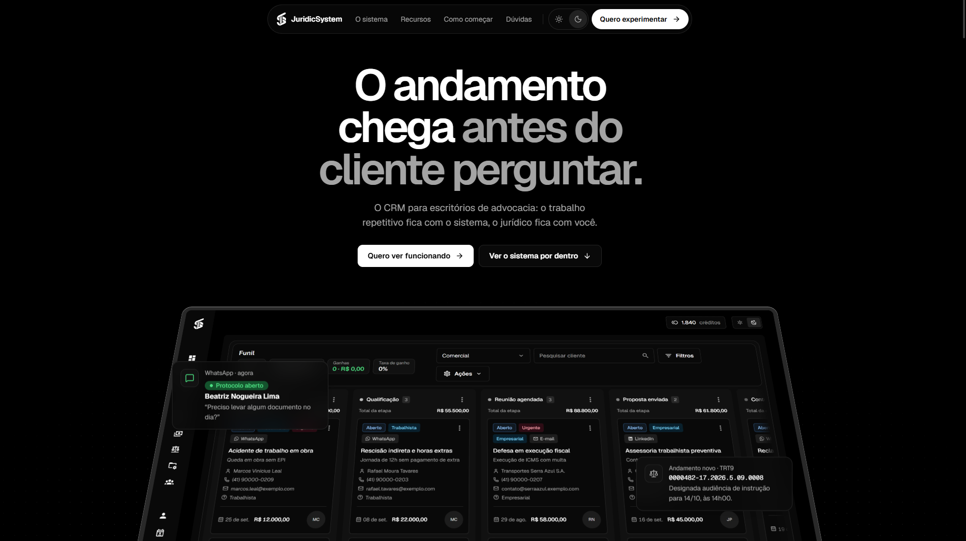 Site do JuridicSystem: Topo da página